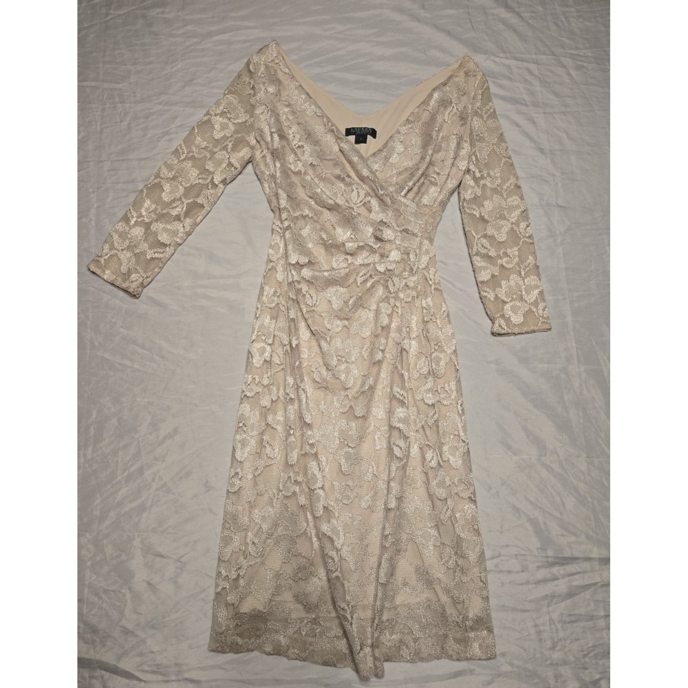 Lauren Ralph Lauren Lace V-Neck‎ Dress Sz 2 Champagne Beige Evening Wedding Luxe